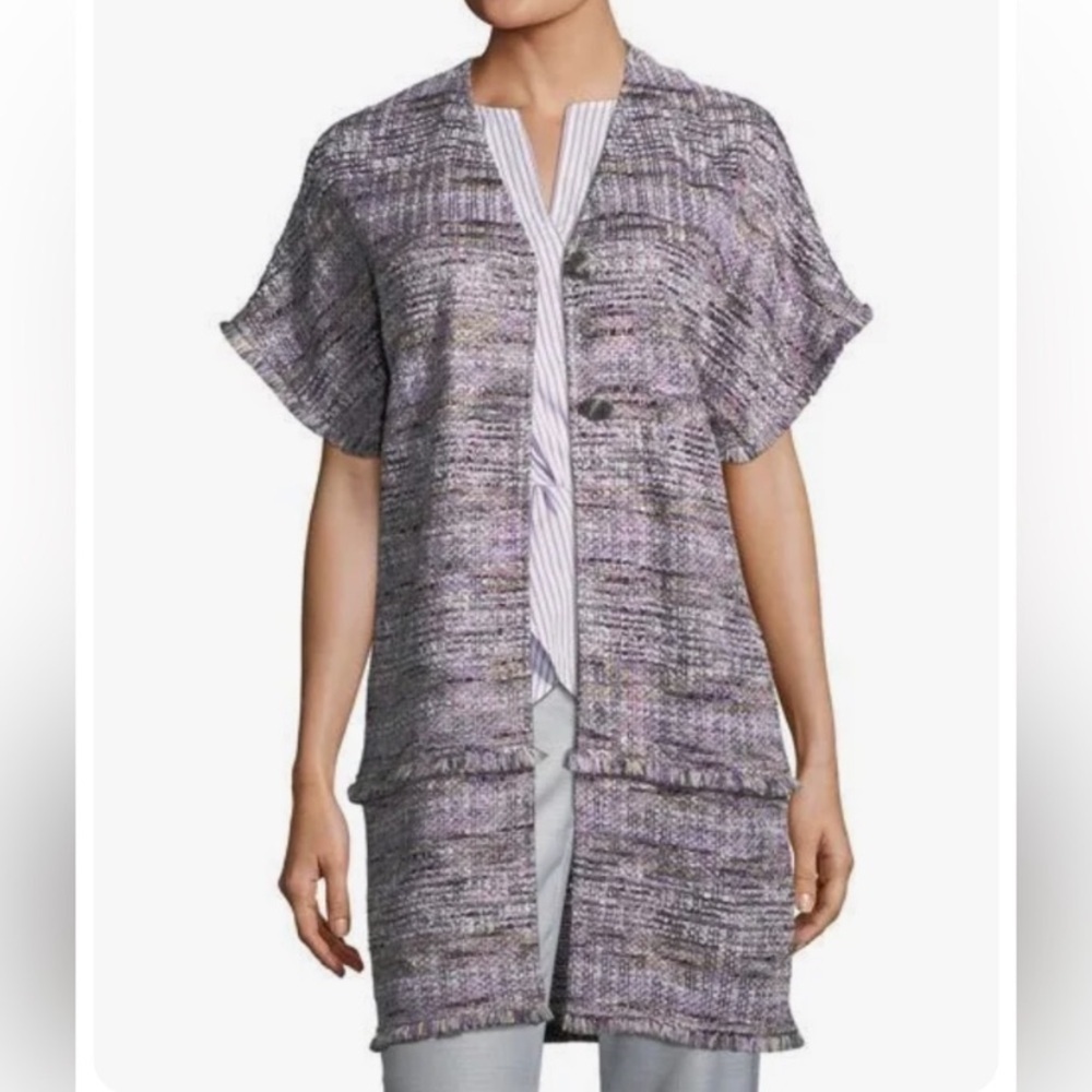 St John Anna Tweed Topper Short Sleeve Jacket Longline Pink Gray Fringe …​​​